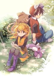 1boy 1girl baseball_cap black_gloves black_hair black_shirt blonde_hair boots commentary crayon crossed_legs dratini fingerless_gloves game_freak gen_1_pokemon gloves grey_pants hat holding holding_crayon knees_up long_hair long_sleeves nintendo on_grass outdoors pants plant pokemon pokemon_(creature) pokemon_adventures ponytail purple_footwear raticate red_(pokemon) red_eyes red_hat red_shirt shirt short_hair short_sleeves sitting tunic turtleneck turtleneck_shirt unagi_(kobucha_blaster) yellow_(pokemon) yellow_eyes yellow_tunic