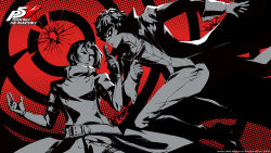 2boys amamiya_ren closed_mouth copyright_name floating_hair gun highres holding holding_gun holding_weapon jacket joker_(persona_5) kamishiro_nagisa long_sleeves looking_at_another male_focus mask masked multiple_boys official_art pants persona persona_5 persona_5:_the_phantom_x short_hair soejima_shigenori third-party_source weapon wonder_(p5x)