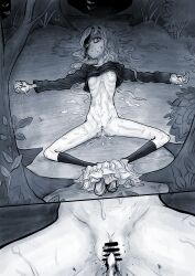 Rule 34 | 1girl, absurdres, aftersex, bar censor, bleeding, blood, blood on face, bukkake, censored, clothes lift, commentary request, corpse, cum, cum in pussy, defloration, empty eyes, forest, highres, huge filesize, kirarazaka marina, long hair, nature, nazo no diaboro, necrophilia, shirt lift, skinny, skirt around ankles, spread legs, takopii no genzai