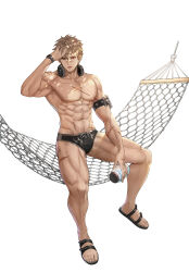 Rule 34 | 1boy, abs, absurdres, bare legs, bernheim (king&#039;s raid), black male swimwear, black sandals, bottle, brown hair, commentary, deepmaru, english commentary, hammock, headphones, headphones around neck, highres, holding, holding bottle, king&#039;s raid, male focus, male swimwear, multiple scars, muscular, muscular male, nipples, official alternate costume, official art, on hammock, pectorals, red eyes, sandals, scar, scar on arm, scar on chest, scar on face, scar on hand, scar on leg, scar on nose, scar on shoulder, short hair, single arm cuff, solo, transparent background, watch, water bottle, wristwatch