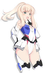 1girl absurdres alice_gear_aegis black_gloves blonde_hair blue_leotard breasts elbow_gloves gloves green_eyes haruwo0096 highleg highleg_leotard highres leotard long_hair multicolored_leotard noelle_francisca open_mouth ponytail showgirl_skirt sidelocks simple_background small_breasts smile solo thighhighs two-tone_leotard variant_set white_background white_leotard white_thighhighs