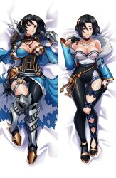 1girl absurdres armor armored_boots black_hair black_pants blue_jacket boots breasts cleavage closed_mouth clothing_cutout collarbone covered_navel dakimakura_(medium) fire_emblem fire_emblem_engage fur-trimmed_jacket fur_trim gauntlets hair_ornament hakuramen highres jacket jewelry large_breasts looking_at_viewer lying necklace nel_(fire_emblem) nintendo off_shoulder pants red_eyes short_hair smile solo thighs white_background