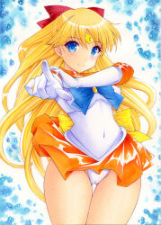Rule 34 | 1girl, aino minako, bishoujo senshi sailor moon, blonde hair, blue eyes, bow, breasts, covered erect nipples, gloves, leotard, leotard peek, long hair, magical girl, medium breasts, miniskirt, nightmare77zx, red bow, sailor venus, skirt, very long hair