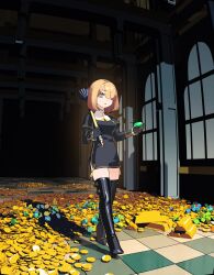 1girl black_gloves blonde_hair boots breasts chikuwa_fan973 gem gloves green_eyes green_gemstone hair_over_one_eye high_heel_boots high_heels highres holding holding_gem indoors looking_at_viewer medium_breasts original parted_lips short_hair solo standing thigh_boots