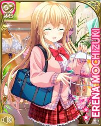 Rule 34 | 1girl, bikini, black leggings, blonde hair, blush, bow, bowtie, braid, breasts, card (medium), closed eyes, clothes hanger, cyberagent, day, female focus, girlfriend (kari), green eyes, hair ribbon, indoors, large breasts, leggings, long hair, mochizuki erena, official art, open mouth, pink bikini, pink sweater, plaid clothes, plaid skirt, qp:flapper, red bow, red skirt, ribbon, school uniform, shirt, shopping, skirt, smile, solo, sweater, swimsuit, tagme, white shirt