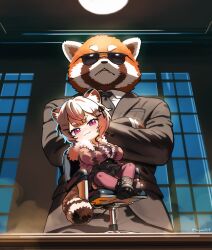 1boy 1girl absurdres black-framed_eyewear black_suit blunt_bangs brown_pantyhose closed_mouth crossed_arms fangs formal_clothes furry furry_male hair_ornament hairclip hepari highres indoors komachi_panko long_sleeves looking_at_viewer pantyhose phase_connect pink_eyes red_panda_ears red_panda_girl red_panda_tail short_hair sitting smug suit sunglasses swivel_chair thick_eyebrows twitter_username virtual_youtuber