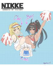 Rule 34 | 3girls, bay (nikke), black hair, blonde hair, breast press, breast rest, breasts, breasts on head, character name, cheerleader, clay (nikke), collar, crop top, dark-skinned female, dark skin, goddess of victory: nikke, grey eyes, long hair, messy hair, multicolored hair, multiple girls, poli (cheer up police) (nikke), poli (nikke), pom pom (cheerleading), red eyes, red hair, spiked collar, spikes, streaked hair, symmetrical docking, twitter username, visor cap, white hair, zuratan