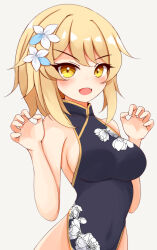 1girl ayatori_(aytr) bare_shoulders black_dress blonde_hair blush breasts china_dress chinese_clothes claw_pose commentary_request dress floral_print flower genshin_impact hair_flower hair_ornament hands_up highres looking_at_viewer lumine_(genshin_impact) open_mouth short_hair_with_long_locks sideboob simple_background single_tooth solo upper_body white_background white_flower yellow_eyes
