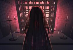 Rule 34 | 1girl, architecture, black hair, black veil, blue kimono, braid, cage, candle, candlelight, candlestand, commentary request, east asian architecture, floral print, floral print kimono, from behind, hair ribbon, half up braid, highres, indoors, japanese clothes, kimono, long hair, magatama (magatama 111), nijisanji, print kimono, red ribbon, ribbon, see-through clothes, see-through veil, shouji, sliding doors, solo, symmetry, tatami, tsukino mito, tsukino mito (hyakumonogatari), upper body, veil, very long hair, virtual youtuber, wooden cage