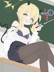 1girl black_bra blonde_hair blue_archive bra breasts breasts_out desk dipa doodle_sensei_(blue_archive) exhibitionism from_side grin highres horns ibuki_(blue_archive) interlocked_mars_and_venus_symbols looking_at_viewer mars_symbol off_shoulder on_desk open_clothes open_shirt pantyhose pencil_skirt pointy_ears public_indecency sensei_(blue_archive) sitting skirt small_breasts smile solo stick tail teacher unbuttoned unbuttoned_shirt underwear venus_symbol