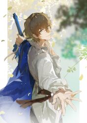 Rule 34 | absurdres, brown hair, closed mouth, falling leaves, fate/grand order, fate (series), from side, fui (fui29493452), gawain (fgo fes. 2025) (fate), green eyes, hand on hilt, high collar, highres, jacket, jacket on shoulders, leaf, light smile, looking at viewer, open clothes, open shirt, outstretched arm, overexposure, red ribbon, ribbon, short hair, tree, upper body