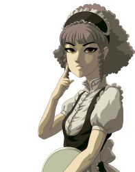 1girl alpha_transparency bara_to_tsubaki bara_to_tsubaki_3 brown_eyes drill_hair drill_sidelocks frown grey_hair holding holding_tray maid maid_headdress mita_righti naramura official_art puffy_short_sleeves puffy_sleeves short_sleeves sidelocks solo transparent_background tray upper_body