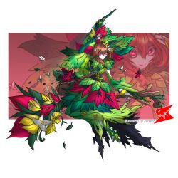 1girl belt brown_hair bug butterfly digimon digimon_(creature) flower highres insect leaf looking_at_viewer medium_hair oridigi original red_flower red_rose rose solo thorns zehartz
