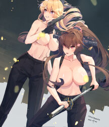 2girls bare_shoulders black_pants blonde_hair blue_eyes breasts brown_hair cherry_blossoms convenient_censoring devil_may_cry_(series) dutch_angle flower gun hair_flower hair_ornament handgun headgear highres himeyamato holding holding_gun holding_sword holding_weapon iowa_(kancolle) kantai_collection large_breasts long_hair m1911 multiple_girls name_connection navel night night_sky open_collar pants ponytail red_eyes sky star-shaped_pupils star_(symbol) sword symbol-shaped_pupils topless_female urban weapon yamato_(kancolle) yamato_(sword) yamato_kai_ni_(kancolle)