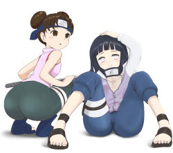 2girls arm_above_head arm_up ass black_footwear black_hair black_pants blue_footwear blue_headband blue_pants blush brown_eyes brown_hair closed_mouth double_bun feet female_focus forehead_protector from_behind hair_bun hand_on_own_head headband headband_around_neck highres holster hyuuga_hinata jacket knees_up konohagakure_symbol m_legs microsd_(pibo) multiple_girls naruto naruto_(series) naruto_shippuuden no_pupils paid_reward_available pants parted_lips pink_shirt purple_jacket raglan_sleeves sandals shirt short_hair simple_background sitting sleeveless sleeveless_shirt smile squatting tenten_(naruto) thigh_holster thigh_strap thighs toes white_background zipper zipper_pull_tab