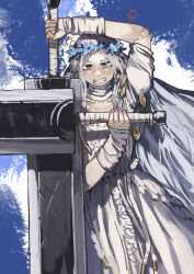 1girl absurdres alexander_anderson&#039;s_pose anger_vein angry arm_up arm_wrap berserk blue_background blue_eyes blue_flower braided_sidelock clenched_teeth cowboy_shot doll_joints dragonslayer_(sword) dress dual_wielding elden_ring elden_ring_nightreign flower flower_wreath forehead furrowed_brow glaring greatsword hair_ornament hand_up head_wreath hellsing highres holding jewelry joints long_hair looking_at_viewer miao_jiangyou parted_bangs revenant_(elden_ring) solo sword teeth veil very_long_hair weapon white_background white_dress white_hair white_veil