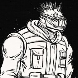 Rule 34 | 1boy, black background, broad shoulders, caiman (dorohedoro), coat, commentary, csmbtc, dorohedoro, english commentary, full mask, greyscale, highres, hood, hood down, inktober, male focus, mask, monochrome, pocket, signature, simple background, solo, spiked hair, upper body