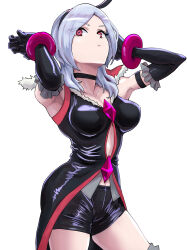 Rule 34 | 1girl, absurdres, armlet, armpits, arms up, black coat, black gloves, black shorts, bracelet, breasts, choker, closed mouth, coat, cowboy shot, eas (fresh precure!), elbow gloves, fresh precure!, fur trim, gloves, grey hair, grey shirt, gya-tei, hairband, higashi setsuna, highres, jewelry, looking at viewer, medium breasts, parted bangs, precure, red eyes, shirt, short hair, short shorts, shorts, simple background, sleeveless, sleeveless coat, sleeveless shirt, solo, white background