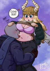 1boy 1girl absurdres bendacriss blonde_hair boku_no_hero_academia breasts faceless faceless_male hat highres horns long_hair navel pants stomach tongue tsunotori_pony