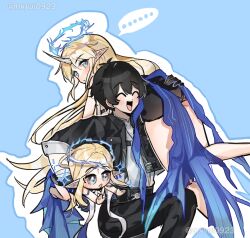 ... 1boy 2girls ^_^ bandaged_hand bandages bare_legs barefoot black_dress black_gloves black_hair black_jacket black_pants blonde_hair blue_background blue_eyes blush carrying carrying_over_shoulder carrying_under_arm cartethyia_(wuthering_waves) closed_eyes crown_of_thorns dress earrings fleurdelys_(wuthering_waves) gloves grey_shirt happy horns jacket jewelry long_hair male_rover_(wuthering_waves) multiple_girls open_clothes open_jacket open_mouth pants pointy_ears rover_(wuthering_waves) shirt shitsu_(kurikaesi) short_dress single_horn sleeves_rolled_up tabard tacet_mark_(wuthering_waves) white_tabard wuthering_waves yellow_horns