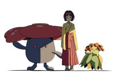 Rule 34 | 1girl, bellossom, black hair, blush, breasts, brown eyes, closed mouth, erika (pokemon), gen 1 pokemon, gen 2 pokemon, hairband, hakama, highres, japanese clothes, kimono, looking at viewer, nintendo, open mouth, pokemon, pokemon (creature), pokemon frlg, psaber97, red hairband, red hakama, short hair, simple background, skirt, smile, vileplume, white background, yellow kimono