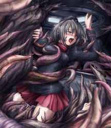 Rule 34 | 10s, 1girl, extra, faith (sbi), garrison cap, girls und panzer, grey hair, hat, military, military uniform, nishizumi maho, open mouth, pussy juice, saliva, short hair, skirt, tears, tentacles
