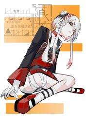 Rule 34 | 1girl, absurdres, bandaged leg, bandages, chinese clothes, choker, donuts miso, double bun, grey hair, hair bun, highres, karenina: blast (crack n blast) (pgr), karenina (pgr), long sleeves, looking at viewer, mechabare, official alternate costume, orange eyes, parted lips, punishing: gray raven, red choker, short hair with long locks, solo