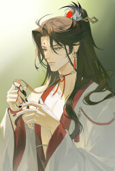 1boy bishounen black_nails brown_eyes brown_hair character_request chinese_clothes chinese_hairpin closed_mouth collarbone copyright_request downturned_eyes earrings expressionless facial_mark forehead_mark gradient_background green_background guaisanmu hair_ornament hanfu high_ponytail highres jewelry light_frown lips long_sleeves looking_at_hands male_focus nail_polish neck_ribbon pectoral_cleavage pectorals playing_with_own_hair pointy_nose ponytail red_ribbon ribbon solo tassel tassel_earrings thick_eyebrows upper_body white_hanfu wide_sleeves wing_hair_ornament
