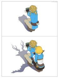1boy 1girl blonde_hair blue_tunic boots braid cat_shadow_puppet_(meme) crown_braid earrings fingerless_gloves gloves highres jewelry link meme nintendo pointy_ears ponytail princess_zelda shadow_puppet short_hair sidelocks squatting teraichigo the_legend_of_zelda the_legend_of_zelda:_tears_of_the_kingdom tunic