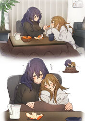2girls 404no2929 black_sweater blush brown_hair calendar_(object) closed_mouth commentary_request couch cuddling food fruit hood hoodie indoors kotatsu long_hair long_sleeves mandarin_orange miya_(404no2929) multiple_girls open_mouth original purple_eyes shion_(404no2929) smile squeans sweater table translated under_kotatsu under_table white_hoodie yuri