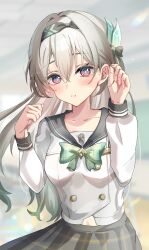 1girl black_hairband blush bow breasts checkered_bow checkered_clothes checkered_skirt chuuna_(unagiunazy) collarbone firefly_(honkai:_star_rail) firefly_(spring_missive)_(honkai:_star_rail) gradient_hair green_bow grey_hair hair_between_eyes hair_intakes hair_ornament hairband highres honkai:_star_rail honkai_(series) long_hair medium_breasts multicolored_hair official_alternate_costume open_mouth pink_eyes school_uniform skirt solo