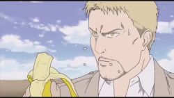 aircraft animated armin_arlert armored_titan artist_request audible_music banana banana_peel basket biting_hand blimp blonde_hair colossal_titan connie_springer dirigible eating exhausted eyepatch food fruit fruit_bowl hange_zoe jean_kirstein long_sleeves marching marley_military_uniform mikasa_ackerman multiple_boys multiple_girls music open_mouth outdoors panicking reiner_braun shingeki_no_kyojin short_hair slip slipping sound survey_corps_(emblem) sweat titan_(shingeki_no_kyojin) video walking