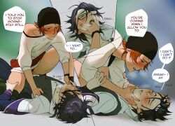 Rule 34 | 2boys, beanie, black-framed eyewear, black hat, black vest, blue hair, blush, bottomless, brown hair, clenched teeth, closed eyes, clothed sex, collared shirt, commentary, dark blue hair, drooling, english commentary, english text, finger in another&#039;s mouth, fushimi saruhiko, glasses, hand on another&#039;s shoulder, hand on another&#039;s thigh, hat, highres, k-project, knee up, long sleeves, looking at another, lying, male focus, male penetrated, multiple boys, multiple views, on back, open pants, pants, power bottom, rectangular eyewear, removing eyewear, saliva, shirt, single bare shoulder, speech bubble, straddling, sweat, sweatdrop, teeth, tongue, treslech3s, vest, watch, white shirt, wristwatch, yaoi, yata misaki