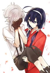 Rule 34 | 1boy, 1girl, ahoge, black gloves, black hair, black necktie, black pants, blue eyes, bungou stray dogs, carrying, carrying person, closed mouth, collared shirt, commentary request, covering face, fingerless gloves, flower, gloves, grey hair, hair between eyes, hair flower, hair ornament, hairband, hetero, izumi kyouka (bungou stray dogs), japanese clothes, kimono, light smile, long hair, long sleeves, low twintails, msg 074, nakajima atsushi (bungou stray dogs), necktie, pants, petals, princess carry, red kimono, reverse princess carry, shirt, shoes, short hair, suspenders, twintails, white background, white hairband, white shirt