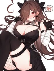 Rule 34 | 1girl, ahoge, bandaged arm, bandages, bare shoulders, belt, black belt, black bow, black dress, black gloves, black nails, black panties, black thighhighs, blush, bow, breasts, brown hair, closed mouth, dress, duplicate, earrings, fingerless gloves, fingernails, fishnets, gloves, hair bow, hair over one eye, heart, heart-shaped lock, heart collar, heart earrings, highres, indie virtual youtuber, jewelry, large breasts, long hair, nail polish, panties, red eyes, simple background, sky above me, sky above me (vtuber), sleeves past wrists, solo, spoken squiggle, squiggle, thigh strap, thighhighs, thighs, underwear, virtual youtuber, white background