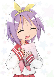 Rule 34 | 1girl, absurdres, closed eyes, happy, highres, hiiragi tsukasa, holding, holding paper, homework, lucky star, neckerchief, open mouth, paper, pink neckerchief, pleated skirt, purple hair, red sailor collar, red skirt, red sleeve cuffs, ribbon, ryouou school uniform, sailor collar, school uniform, shirt, short hair, skirt, star (symbol), star symbol background, white background, white shirt, yellow ribbon, yq9nhoedbnmi6iy