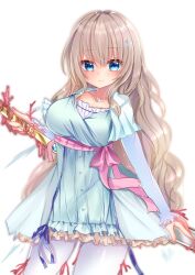 1girl 9-nine- absurdres blue_dress blue_eyes blue_ribbon blush bow breasts brown_hair closed_mouth collarbone commentary_request commission cowboy_shot dress dress_bow eyelashes eyes_visible_through_hair frilled_dress frilled_sleeves frills hair_between_eyes hand_up highres holding holding_staff kujou_miyako large_breasts long_hair looking_at_viewer mage_staff nekota_min official_alternate_costume pantyhose pink_bow ribbon second-party_source sidelocks simple_background skeb_commission sleeves_past_wrists smile solo sparkle split_mouth staff very_long_hair wavy_hair white_background white_pantyhose