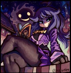 1girl ahoge arm_support bags_under_eyes black_gloves black_sweater book breasts city crossed_legs dress ghost gloves half-closed_eyes highres holding holding_book house jacket long_hair looking_at_viewer makeup messy_hair mogy64 moon night original pantyhose pleated_skirt purple_eyes purple_hair purple_jacket purple_skirt ribbed_sweater sitting skirt sky smile solo star_(sky) sweater