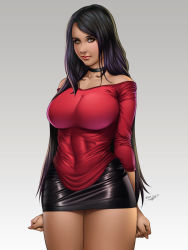 1girl absurdres amateur artist_name bare_shoulders black_choker black_hair black_skirt breasts choker clenched_hands curvy fabulosovasquez highres huge_breasts juan_romero leather_miniskirt leather_skirt lips lipstick long_hair looking_at_viewer makeup miniskirt no_bra pinup_(style) pinup_girl portrait red_shirt shirt signature simple_background skin_tight skirt smile standing untucked_shirt white_background yellow_eyes