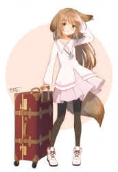 1girl :o animal_ears arm_up black_pantyhose blush brown_background brown_hair collared_dress commentary_request coreytaiyo dated dress full_body highres long_hair long_sleeves looking_at_viewer original pantyhose parted_lips pink_dress pleated_dress rolling_suitcase shoes signature solo standing suitcase tail two-tone_background very_long_hair white_background white_dress white_shoes wide_sleeves yellow_eyes