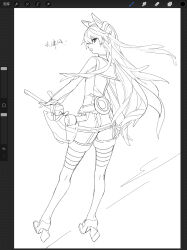 Rule 34 | !, absurdres, amatsukaze (kancolle), art program in frame, character name, choker, floating hair, from behind, full body, garter straps, greyscale, highres, kantai collection, kumatangent, lineart, long hair, long shirt, long sleeves, looking at viewer, looking back, monochrome, open mouth, procreate (medium), procreate (software), profile, rensouhou-kun, rigging, rudder footwear, sailor collar, sailor shirt, ship turret, shirt, simple background, smokestack hair ornament, standing, thighhighs, twintails, white background, zettai ryouiki