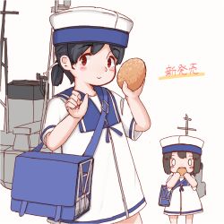 2girls aji_(ajinohirakisan) bag black_hair blue_sailor_collar blush blush_stickers bread commentary_request curry_bread daitou_(kancolle) dress eating food hat hiburi_(kancolle) holding holding_food kantai_collection looking_at_viewer multiple_girls ponytail red_eyes rigging sailor_collar sailor_dress sailor_hat short_ponytail short_sleeves simple_background white_dress white_hat