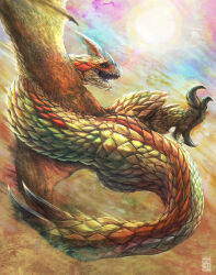absurdres blue_eyes colored_tongue dragon highres horns monster monster_focus monster_hunter_(series) no_humans open_mouth orange_scales outdoors purple_tongue scales seregios sharp_teeth single_horn sky solo spiked_tail spikes spread_wings sun tail talons teeth uchi_vs_the_world watermark wings wyvern yellow_scales