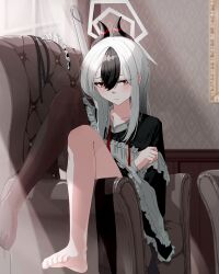 1girl absurdres barefoot black_dress black_hair black_horns blue_archive blush brown_pantyhose closed_mouth collarbone demon_horns dress feet frilled_dress frills grey_hair halo hashtag-only_commentary headdress_removed highres hit_by_hit horns indoors kayoko_(blue_archive) long_hair looking_at_viewer maid_headdress multicolored_hair on_chair pantyhose red_eyes sitting_sideways solo two-tone_hair unworn_pantyhose window