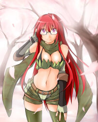 1girl belt black-framed_eyewear blush bra_strap breasts brown_belt camouflage camouflage_scarf camouflage_shorts cherry_blossoms cleavage closed_mouth commentary_request cowboy_shot elbow_gloves expressionless falling_petals fingerless_gloves glasses gloves green_gloves green_scarf green_shorts green_thighhighs green_tube_top hand_in_own_hair kaminagi_(kaminagi-tei) large_breasts long_hair looking_at_viewer midriff navel petals purple_eyes ragnarok_online ranger_(ragnarok_online) red_hair scarf short_shorts shorts solo strapless thighhighs tree tube_top very_long_hair