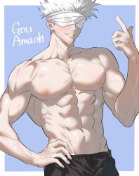 Rule 34 | 1boy, abs, amaoh lv50, black pants, blindfold, blue background, border, collarbone, commentary, commentary request, gojou satoru, highres, jujutsu kaisen, large pectorals, male focus, muscular, muscular male, nipples, outside border, pants, pectorals, short hair, simple background, smile, solo, teeth, topless male, veins, veiny arms, veiny crotch, white border, white hair