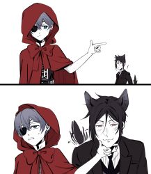 Rule 34 | 2boys, absurdres, animal ears, big bad wolf, big bad wolf (cosplay), bishounen, black hair, blue eyes, blush, bow, ciel phantomhive, cloak, closed mouth, cosplay, earrings, eyepatch, formal clothes, hair between eyes, highres, hood, jewelry, kuroshitsuji, little red riding hood (fairy tale), little red riding hood (fairy tale character), little red riding hood (fairy tale character) (cosplay), looking at viewer, male focus, multiple boys, red cloak, red hood, sebastian michaelis, shirt, short hair, simple background, smile, suit, tail, uneasywolf, white background, wolf boy, wolf ears