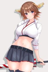 1girl absurdres black_skirt boots breasts brown_hair cropped_jacket flipped_hair gold_hairband grey_background hairband headgear hiei_(kancolle) hiei_(race_queen)_(kancolle) hiei_kai_ni_(kancolle) highres jacket kantai_collection large_breasts midriff nitamako_(sakamalh) official_alternate_costume pleated_skirt popped_collar race_queen short_hair simple_background skirt solo thigh_boots white_jacket