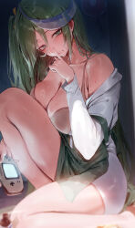 Rule 34 | 1girl, absurdres, bare shoulders, blush, breasts, collarbone, commentary, commission, earrings, english commentary, finger to mouth, green eyes, green hair, hair between eyes, highres, holding, jewelry, large breasts, long hair, long sleeves, looking at viewer, making-of available, mole, mole under eye, off shoulder, parted lips, portia (stella sora), rororo, shushing, side ponytail, stella sora, sweat, thighs