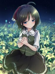 1girl ahoge amatsutsumi black_hair black_skirt blue_eyes blush breasts bug chaamii closed_mouth darkness field firefly flower flower_field frilled_shirt frills green_vest hand_up highres insect medium_hair minazuki_hotaru_(amatsutsumi) own_hands_together shirt signature sitting skirt small_breasts solo vest white_shirt wisp